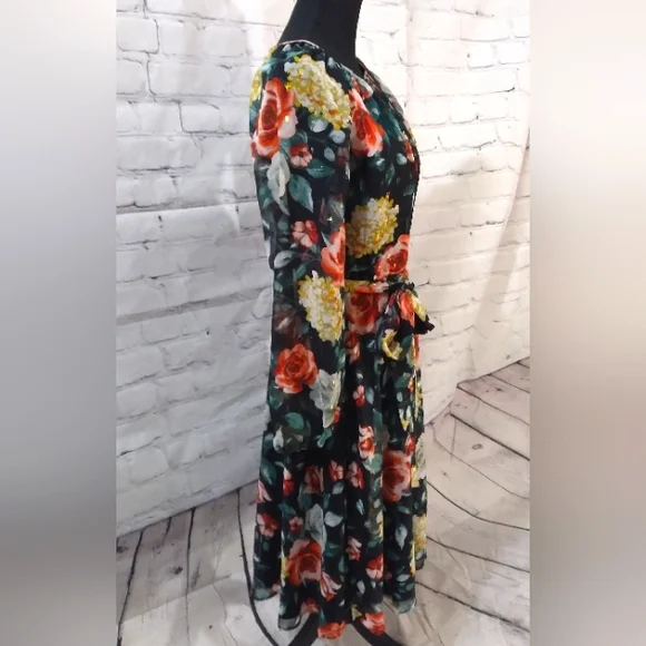 Tahari ASL Floral Velvet Silhouette Chiffon OverlayDress Red Yellow Bloom Black - Picture 10 of 14